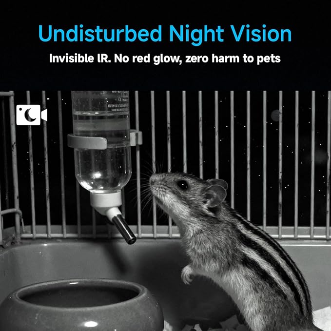2K HD Small Pet Camera for Hamsters, Gerbils, Fancy Mice & Guinea Pigs, 140° Wide-Angle Night Vision, Anti-Glare WiFi Cage Camera with Two-Way Audio, AI Motion Alerts & Easy Stick-On Install