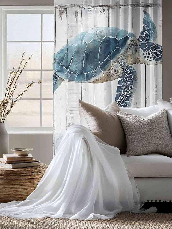 Sheer Curtains 63 Inch Length, Sea Turtle Teal Blue Semi Sheer Curtains Light
