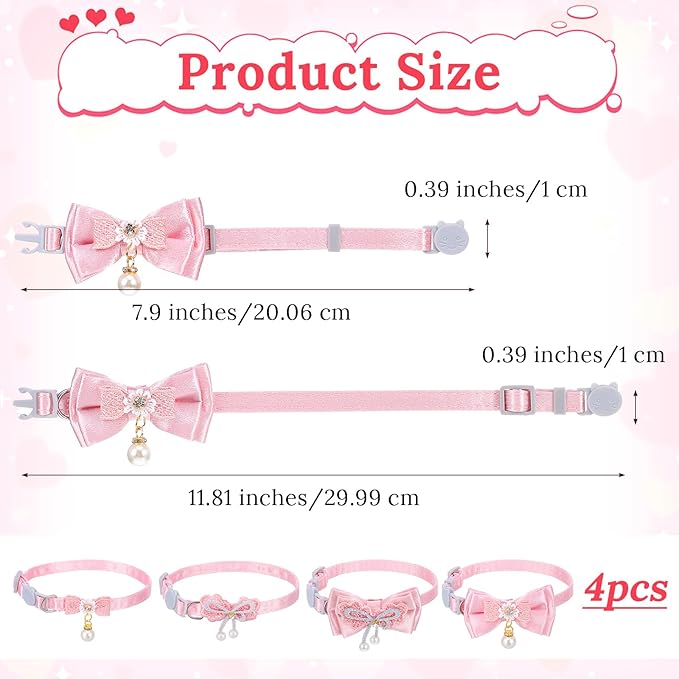 Jeffdad 4 PCS Cute Pearl Cat Collar with Bow, for Girl Cats Pink Cat Bows & Accessories Breakaway Safety Cat Bowtie Collar