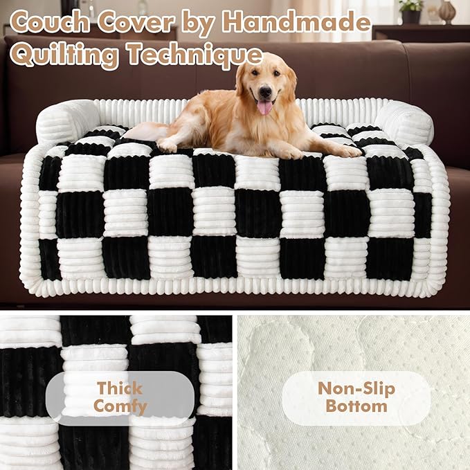 LiveGo Fuzzy Pet Couch Covers for Sofa, Dog Couch Cover Fuzzy Sofa Cover Cream Square Plaid Dog Bed Plush Dog Mat for Furniture Protector for Large Medium Dogs and Cats