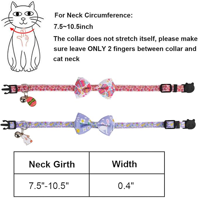 ADOGGYGO Easter Cat Collars with Bow Bell, Breakaway Kitten Bowtie Collar Red Purple Eggs Rabbit Easter Collars for Girl Boy Cats Kittens