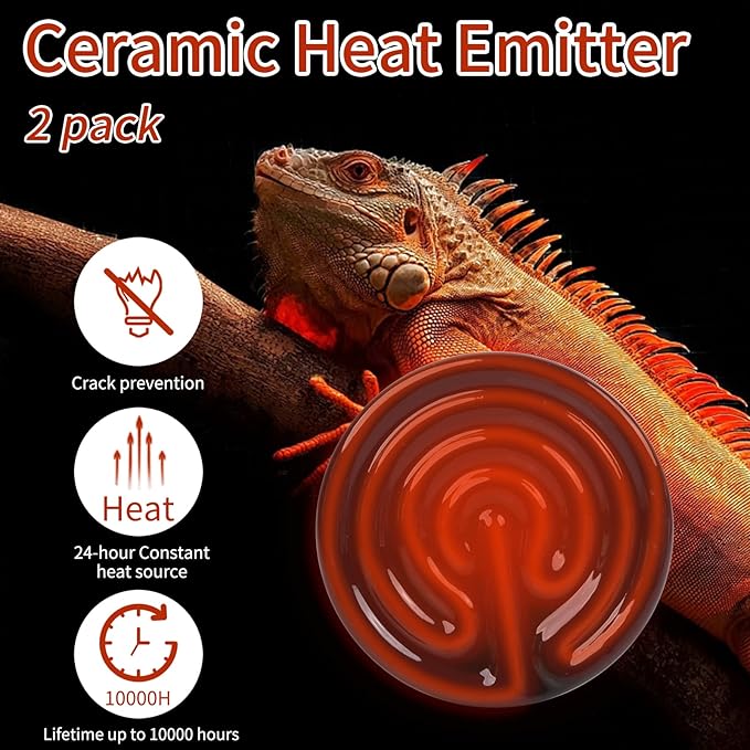 75W Ceramic Heat Emitter (2 Pack), Reptile Heat Lamp Bulbs, Ceramic Heater for Amphibian, Pet Brooder Coop, Chicken, Dog