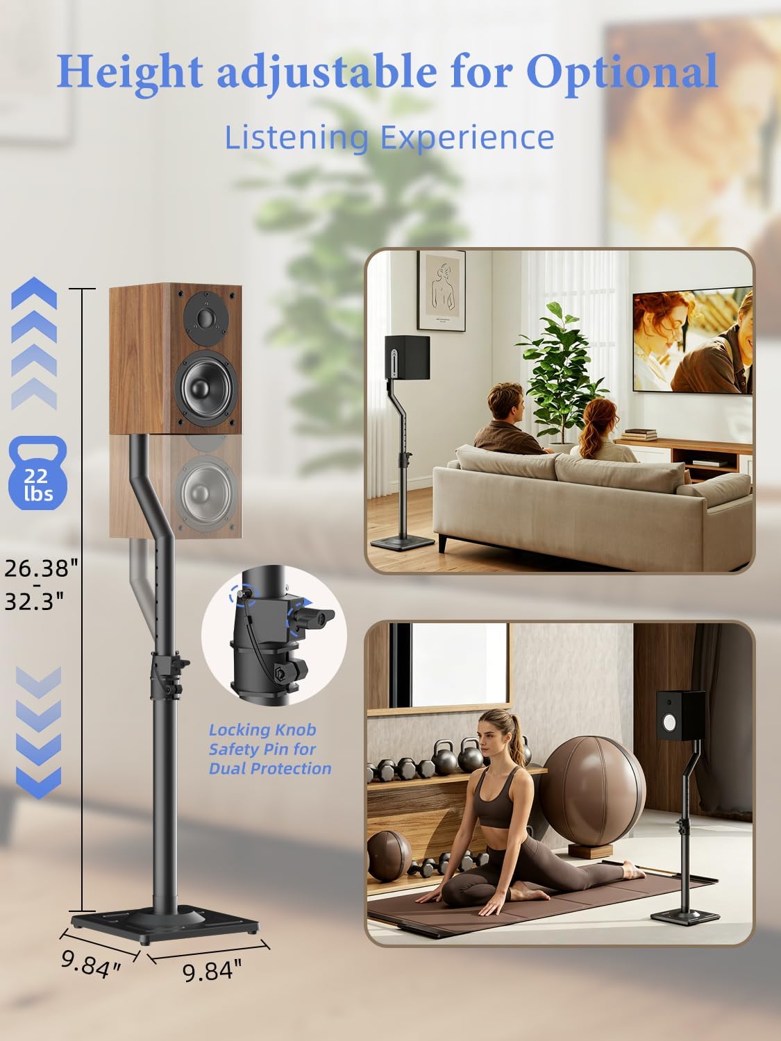 suptek Universal Speaker Stands Pair for Surround Sound - Floor Speaker Stand for Satellite & Bookshelf Speakers and Studio Monitors up to 22lbs, 26.38-32.3” Height Adjustment, 1 Pair Black, SFM003