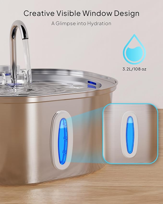 PEKTACO Stainless Steel Cat Water Fountain, 3.2L/108oz Cat Water Dispenser with Quiet Water Pump and Water-Level Window, Dishwasher Safe Pet Drinking Fountain for Cats with 3 Filters + 3 Sponges