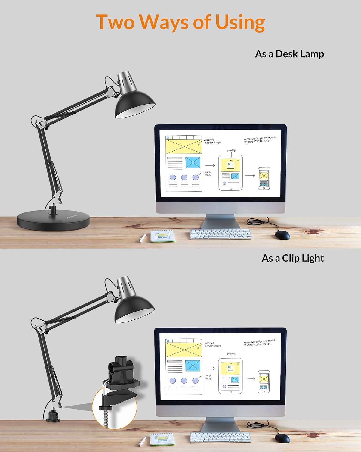 LEPOWER Metal Adjustable Desk Lamp with Clamp, Swing Arm for Home Office