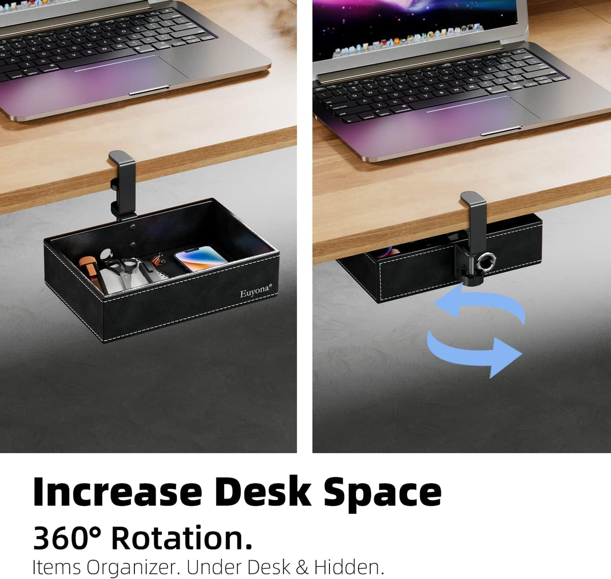 Under Desk Drawer, Clamp on Desk Organizer Hanging Desk Storage PU Leather