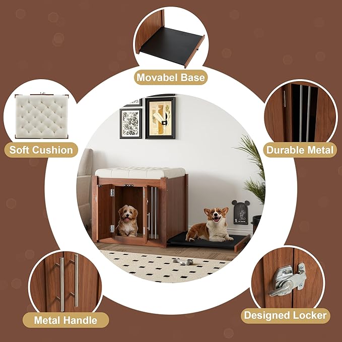2 in 1 Night Stand with Storage & Dog Crate Furniture, Luxury Wooden Side Table Dog Kennel, Dogs Cage House Kennel End of Bed Bench Ottoman with Removable Cushion,Walnut-MDFMetal