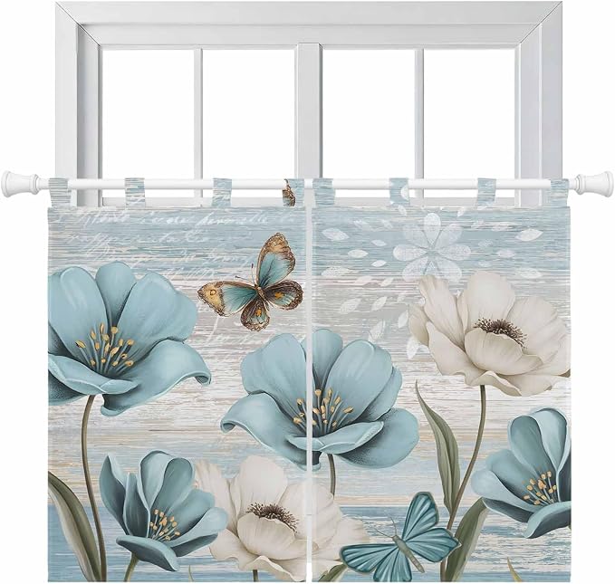 Spring Floral Kitchen Curtains 45 Inch Length, Short Cafe Window Curtains Tab