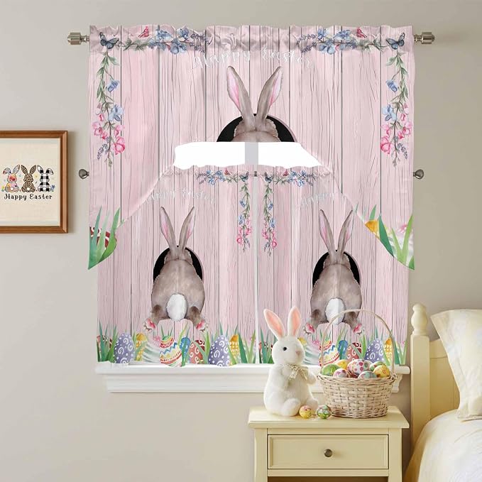 Swag Valance Curtains, Easter Cute Rabbit and Colorful Eggs Rod Pocket Valances
