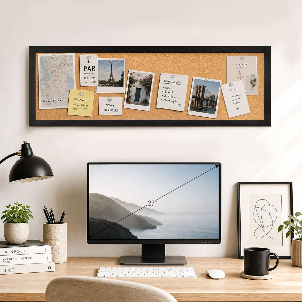 DOLLAR BOSS Narrow Linen Bulletin Board 36"x12" Long Cork Board, Black