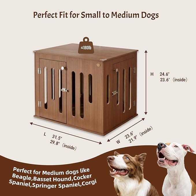 32 Inch Dog Crate Furniture for Medium Small Dogs with 2 Quick-Release Doors, Waterproof Multi-Layer Solid Wood in Walnut Color, Doubles as TV Stand,Side Table