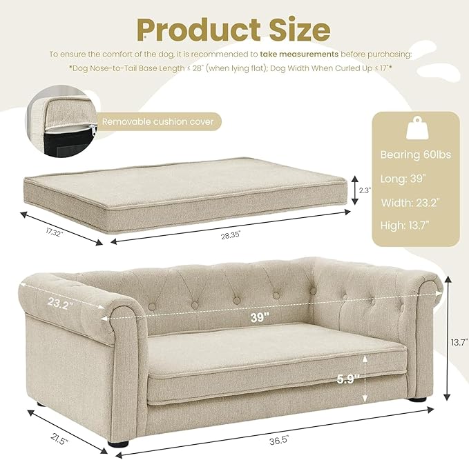 Dog Sofa Couch for Medium to Large Dogs, Memory Foam Dog Couch with Washable Fabric, Removable Cushion, Sofa Bed for Medium and Large Dogs, Beige