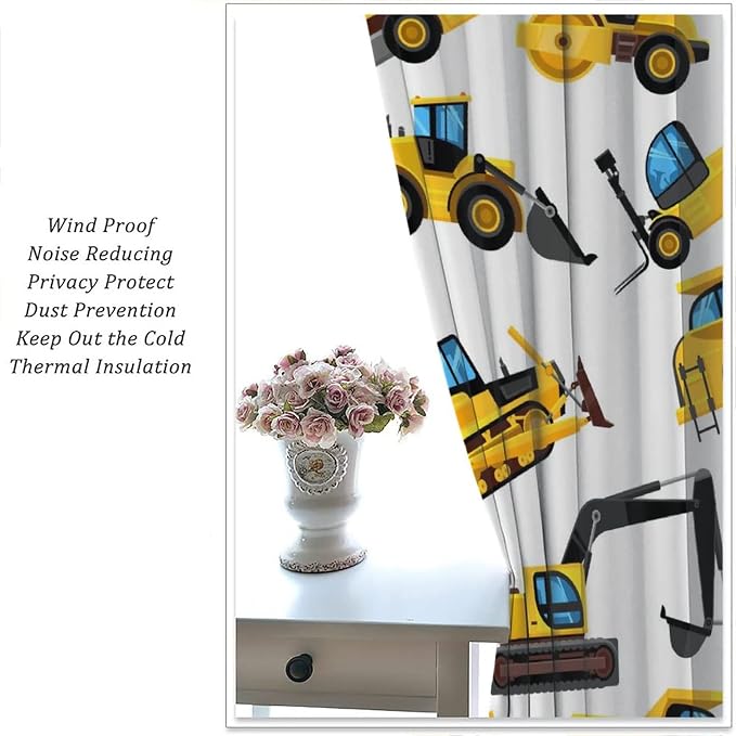 Kids Construction Equipment Window Curtains, Excavator Tractor Tow Truck Rod