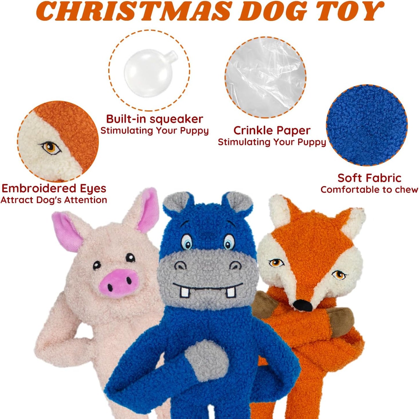 3 Pack No Stuffing Crinkle Squeaky Interactive Plush Dog Toys for Aggressive Chewers to Keep Puppy Busy for Boredom Small & Medium Breeds Furry Friend Teething Orange Fox Pink Pig Blue Hippo