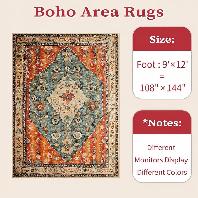 SERISSA Washable Rugs 9x12 Area Rugs, Large Non-Slip Boho Living Room Rug