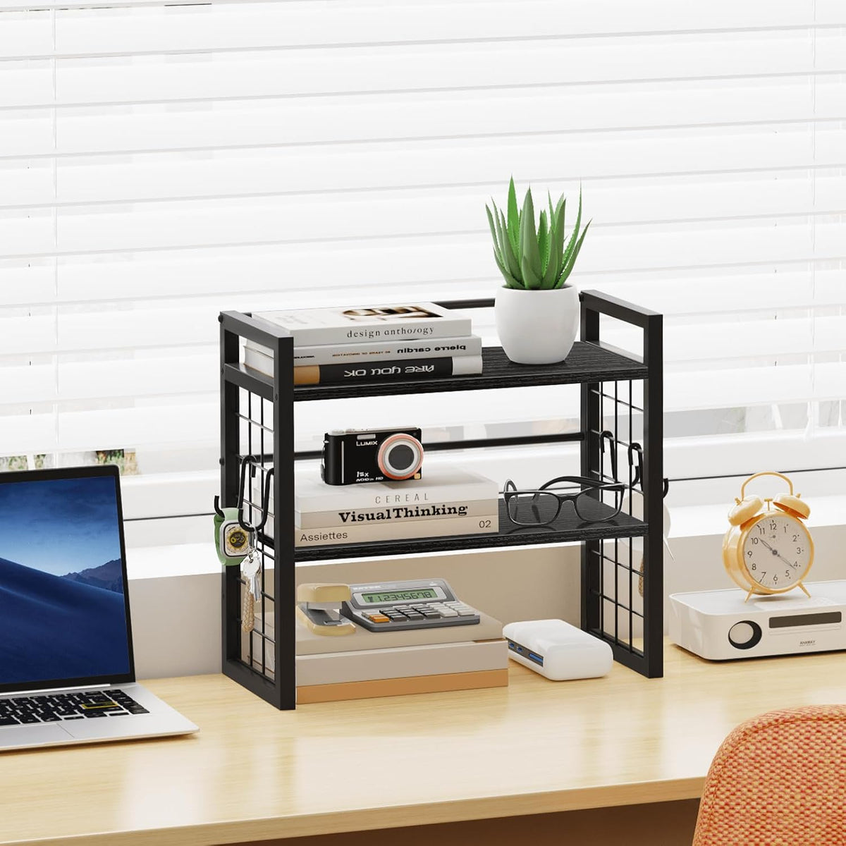 ELITEROO Desk Shelf Organizer, 2 Tier Wooden Desktop Bookshelf, Black