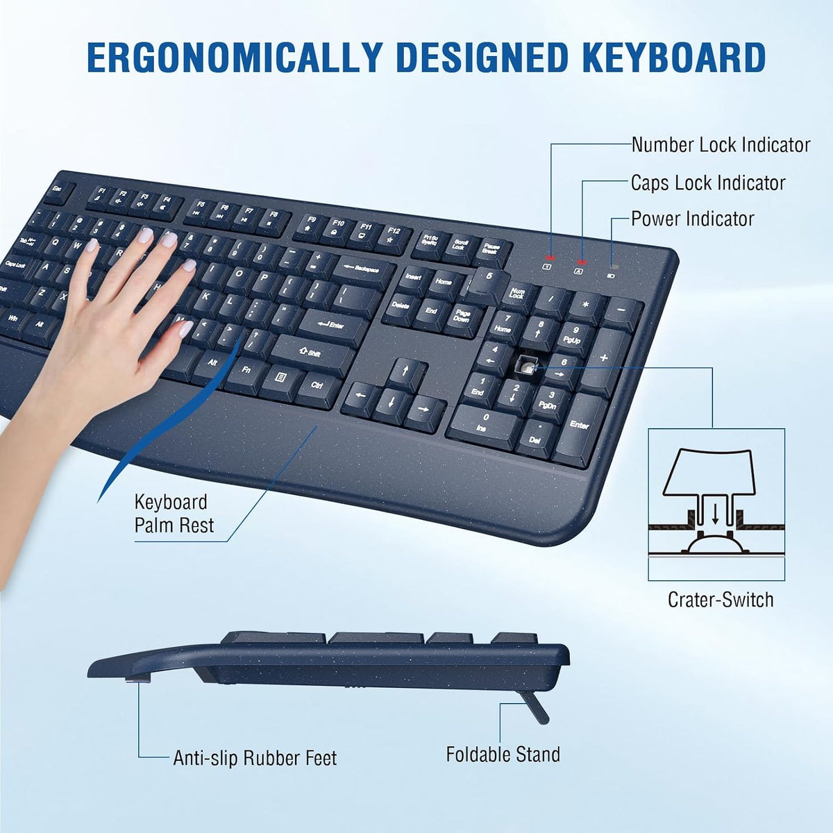 EDJO Wireless Keyboard and Mouse Combo, USB Plug & Play (Galaxy Blue)