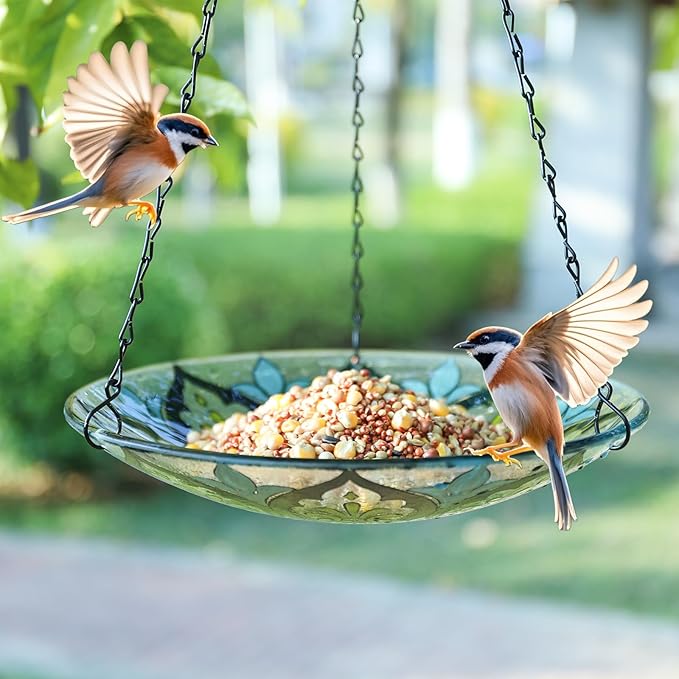 MUMTOP Hanging Bird Baths for Outdoors - Glass Bird Bath, 11 Inch Hanging Bird Bath Bird Feeder Bowl for Outside, Garden, Lawn Yard Decor (Green Kaleidoscope)