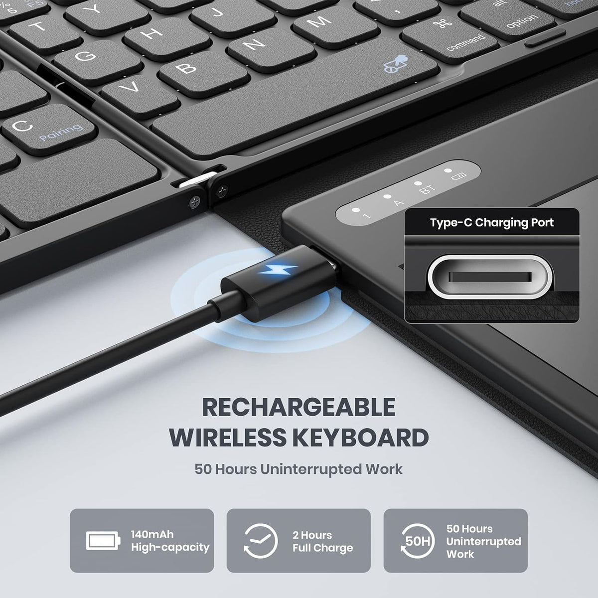 GEODMAER Foldable Bluetooth Keyboard, Portable Full Size Folding Keyboard with Large Touchpad, Numeric Keypad, PU Leather, Wireless TravelKeyboard for Windows Android Mac(Sync up to 3 Devices)