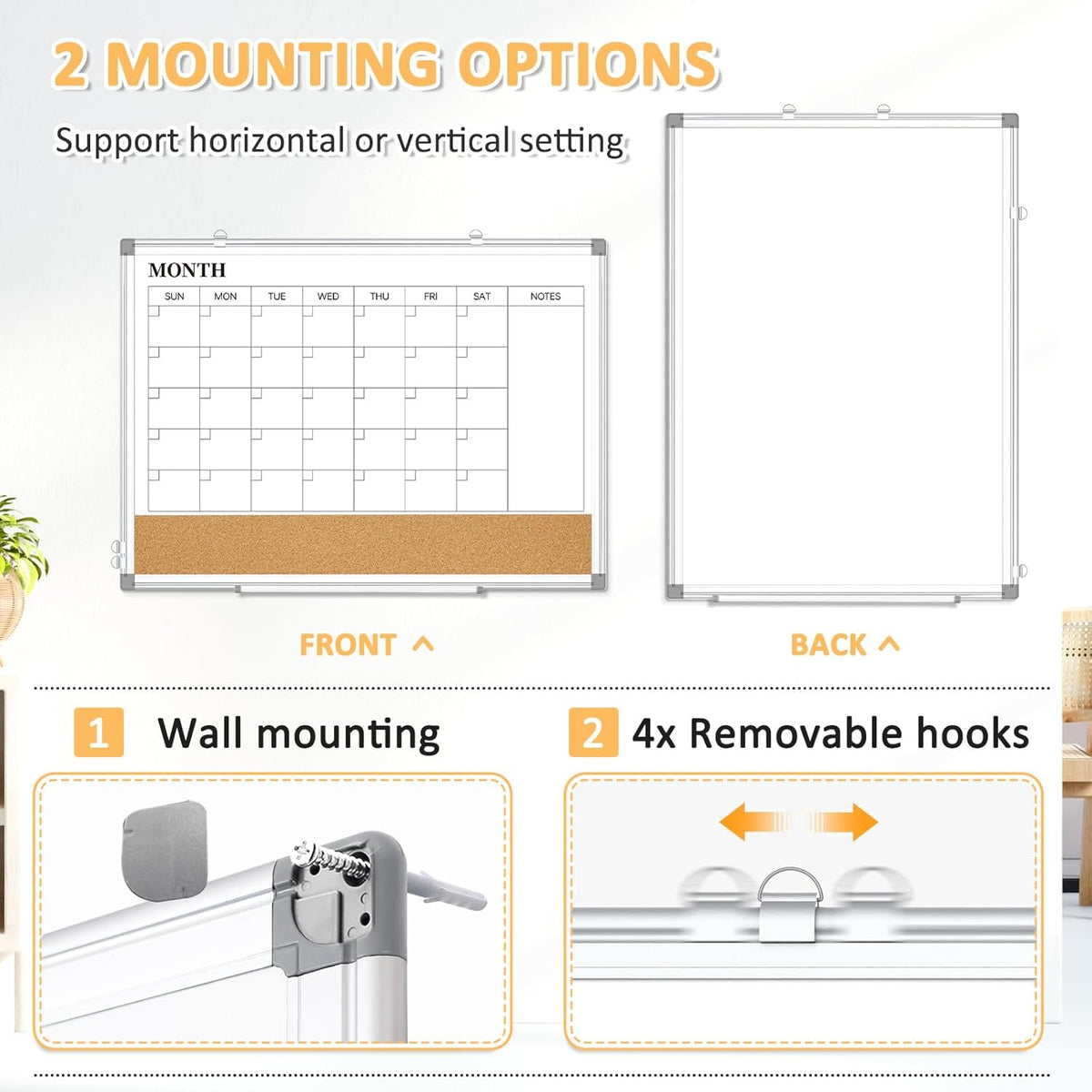 Monthly Dry Erase Calendar Whiteboard with Corkboard, 30" x 20", Silver