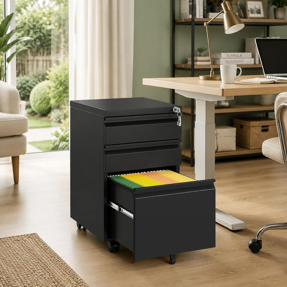 3 Drawer Metal File Cabinet with Lock & Rolling Casters