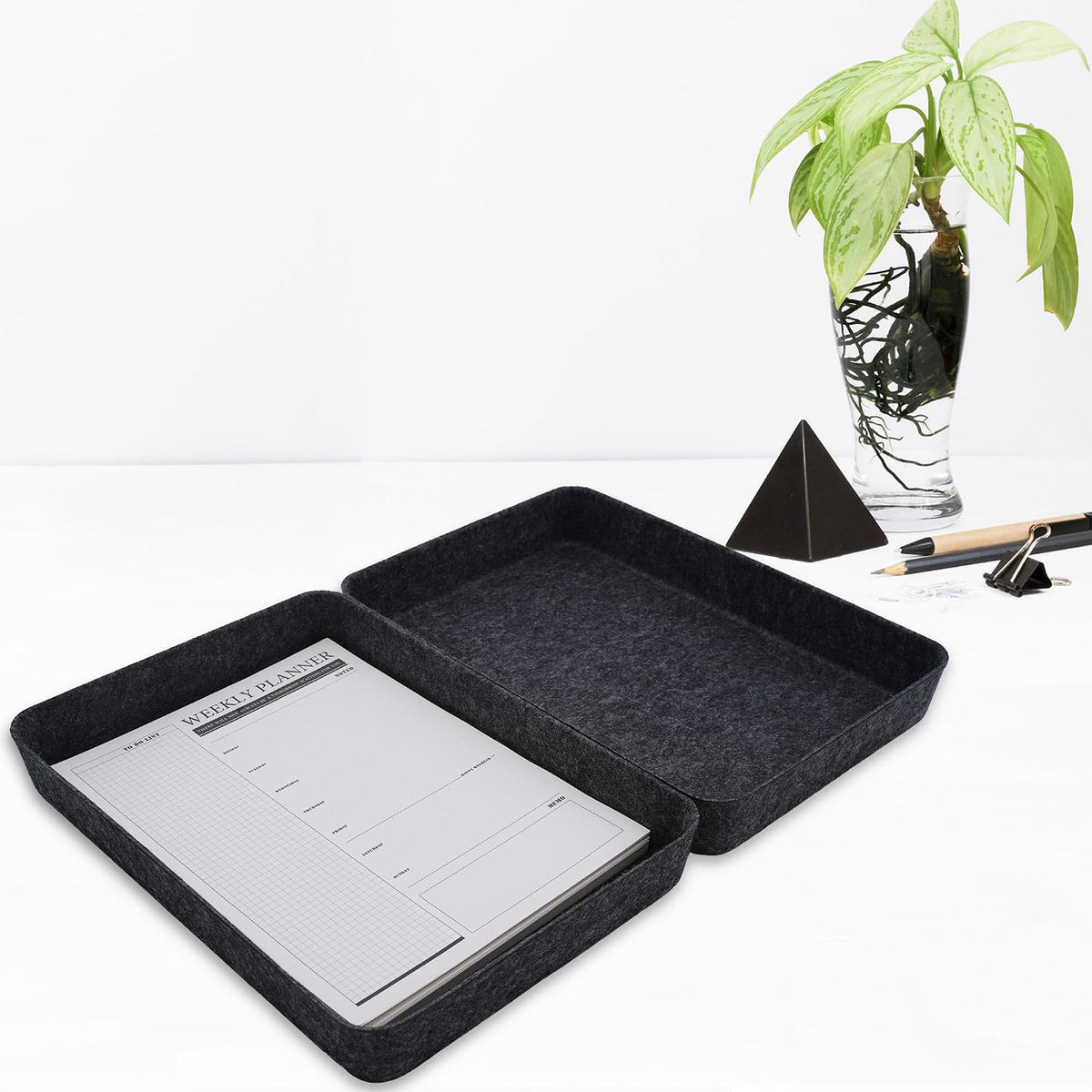 Welaxy 2pc Office desk drawer organizer tray documents Storage bin Charcoal