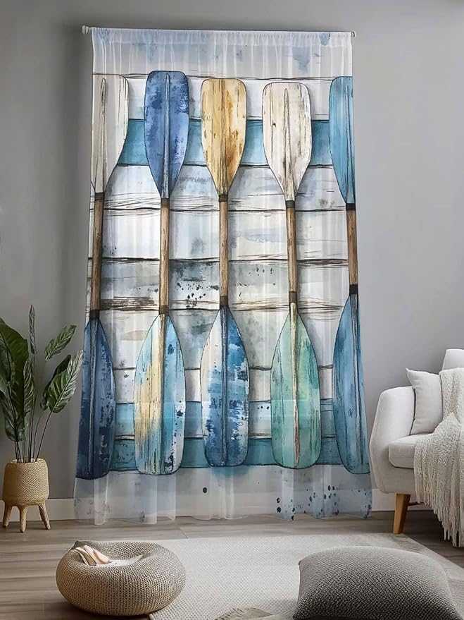 Sheer Curtains 108 Inches Long, Lake Paddle Striped Semi Sheer Curtains Light