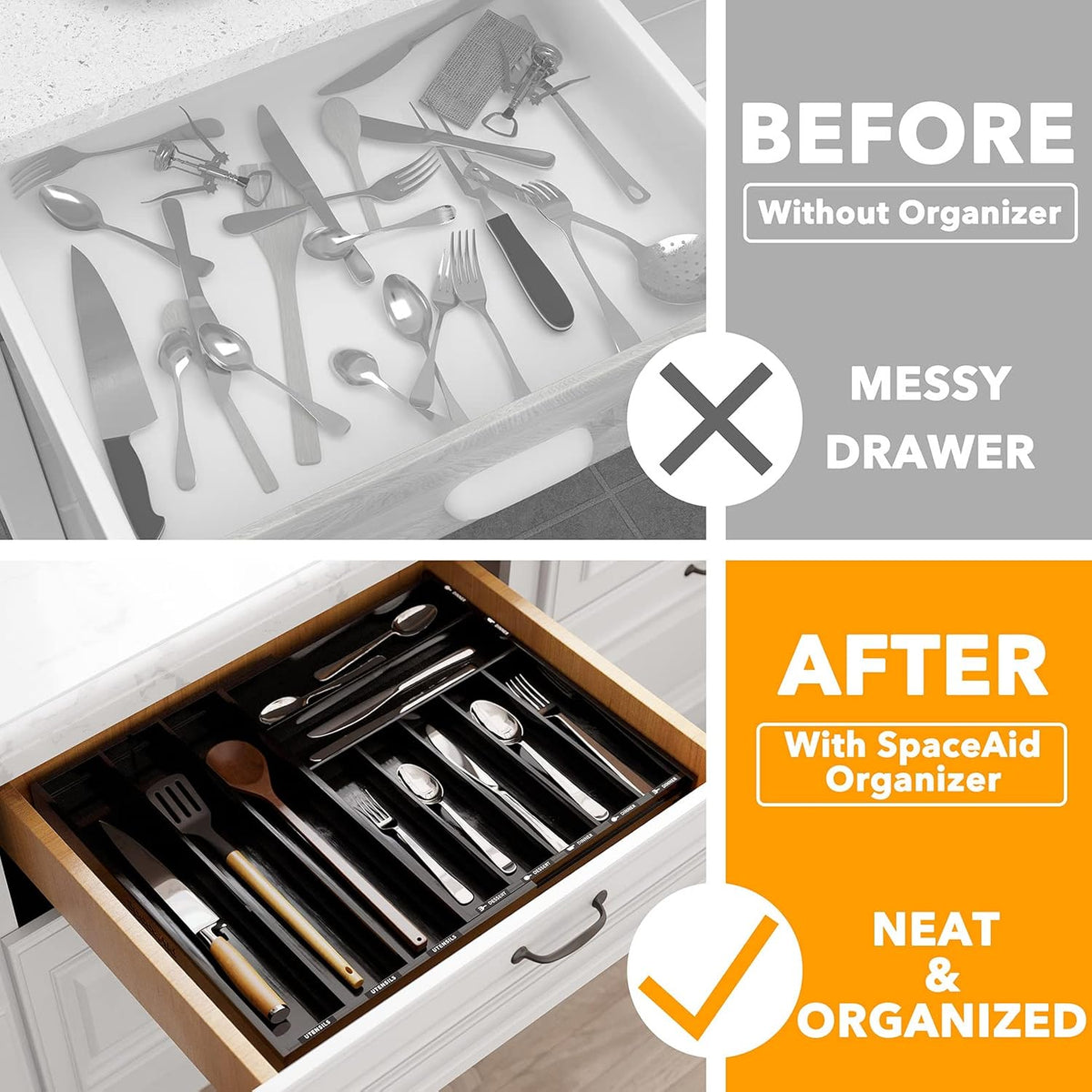 SpaceAid Bamboo Silverware Drawer Organizer with Labels, Kitchen Utensil Expandable Tray Holder Organizer for Flatware, Cutlery, Spoon and Knives Drawer Storage Organization (Black, 10 Slots)