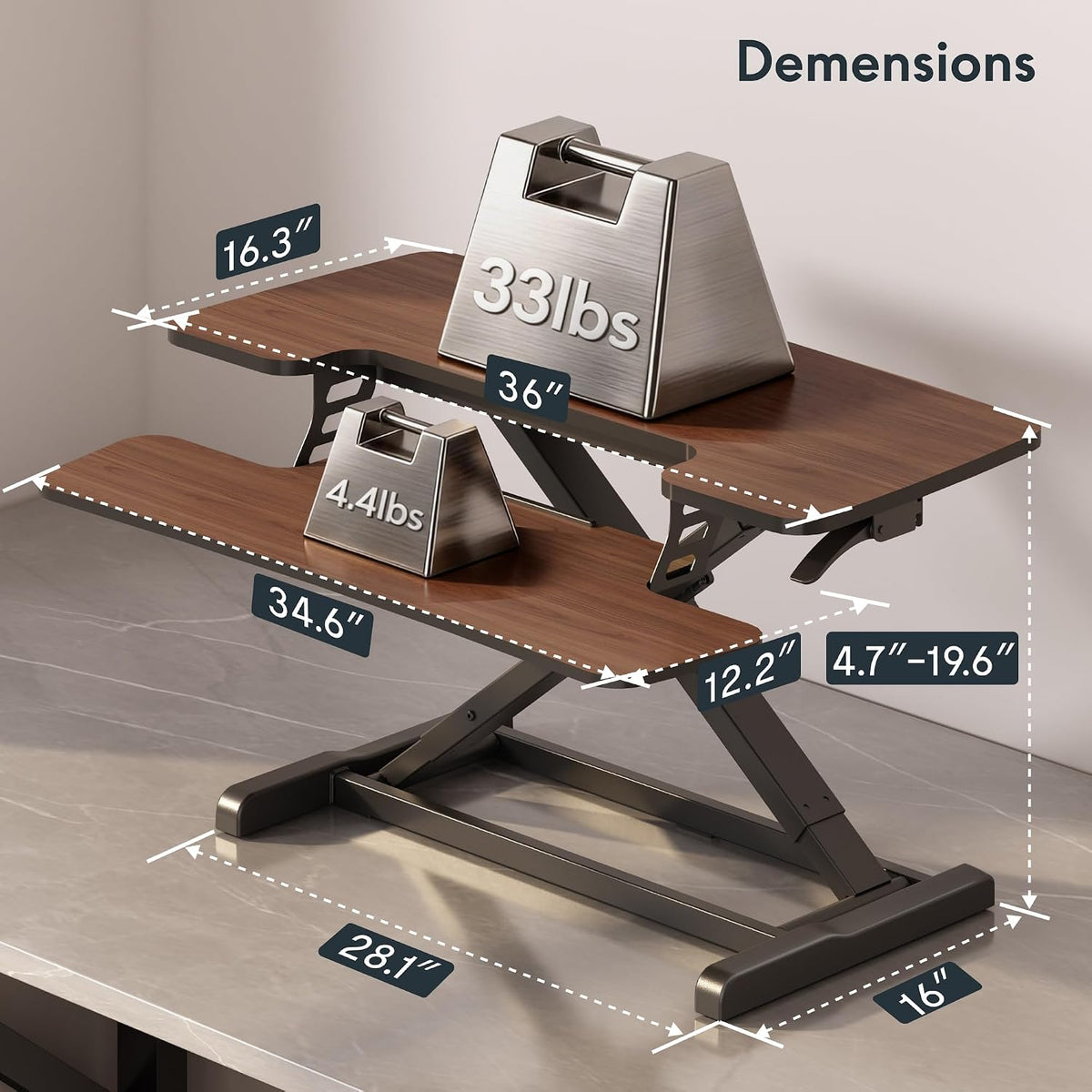 FLEXISPOT 36" Standing Desk Converter, Dual Monitor Desk Riser, Sit Stand Computer Workstation with Ergonomic Height Adjustment, Large Stand Up Desk Riser for Home Office, Walnut
