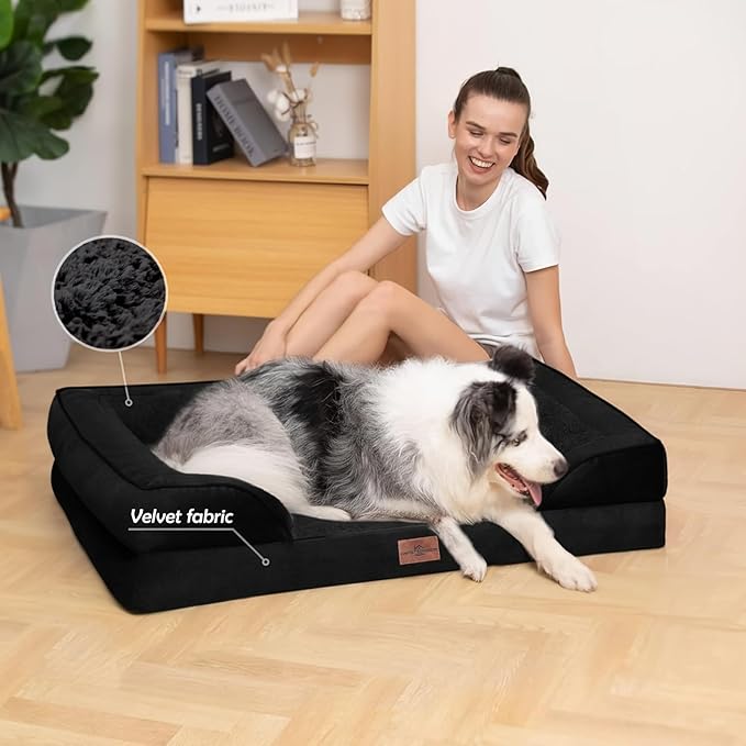 Comfort Expression Orthopedic Dog Bed for Large Dogs 35x22 Inch, Waterproof Egg Crate Foam Large Pet Bed with Removable Bolsters, Dog Couch with Washable Cover & Non-Slip Bottom, Black
