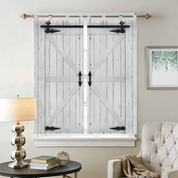 Farmhouse Wood Grain Bathroom Curtains 63 Inch Length, Window Curtains Tab Top