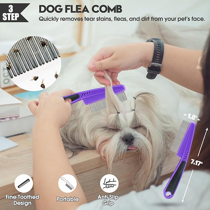 Dog Slicker Brush for Dogs Grooming Kit 4PCS | Large Dog Brush for Goldendoodles Poodles Doodles | Long Pin Haired Brush | Poodle Brushes and Comb (Purple)