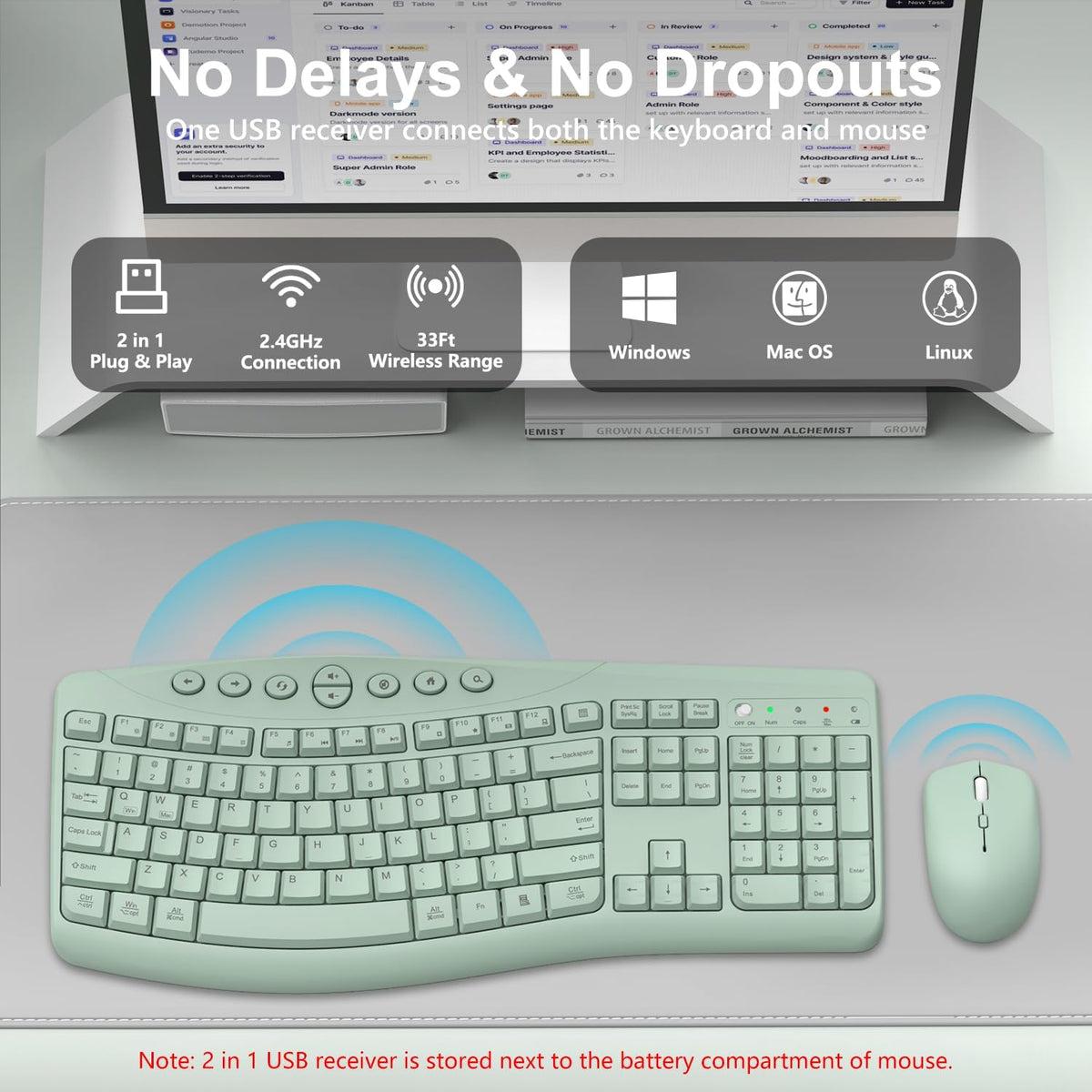 Wireless Keyboard and Mouse Combo, 2.4G Quiet Ergonomic Curved Keys