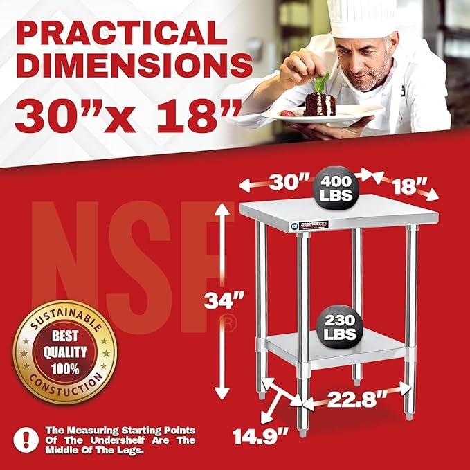 DuraSteel 30x18 Stainless Steel Work Table - NSF Commercial Prep Metal Table - Outdoor Pizza Oven Stand w/Under Shelf - Kitchen Island Laundry Utility Garage Microwave Stand Large Rolling Storage Cart