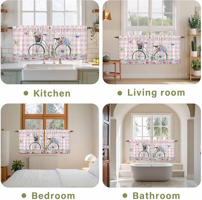 Spring Tier Curtains, Bicycles Leaves Butterfly Flowers Pink Buffalo Plaid