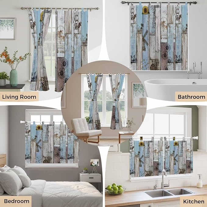Blue Grey Wooden Living Room Curtains 84 Inch Length, Window Curtains Tab Top