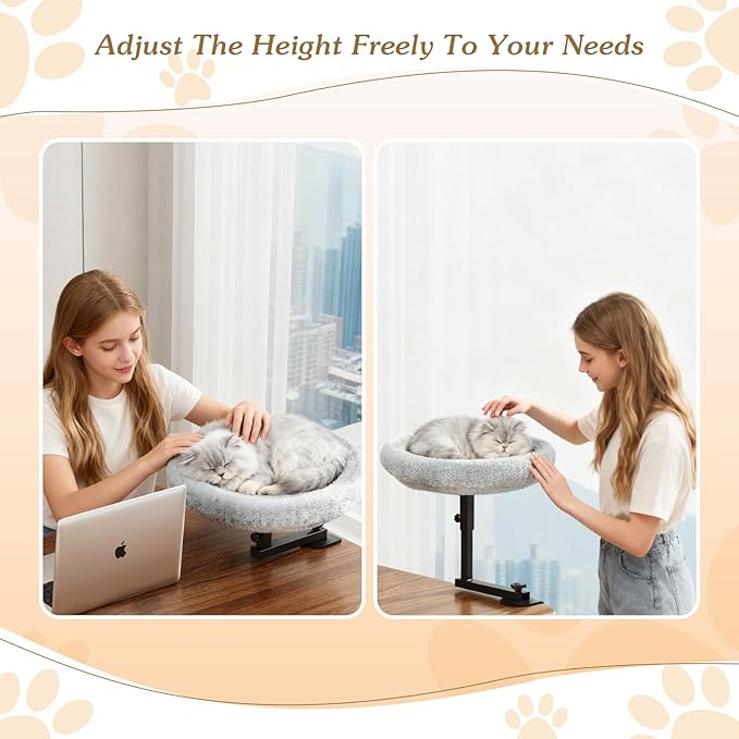 Cat Bed for Desk with Adjustable Height & 360 Rotation Elevated, Heavy-Duty Cat Desk Bed for Small Space, Soft & Comfortable Modern Unique Kitten Furniture, Indoor Cats Up to 60 lbs (Gray)
