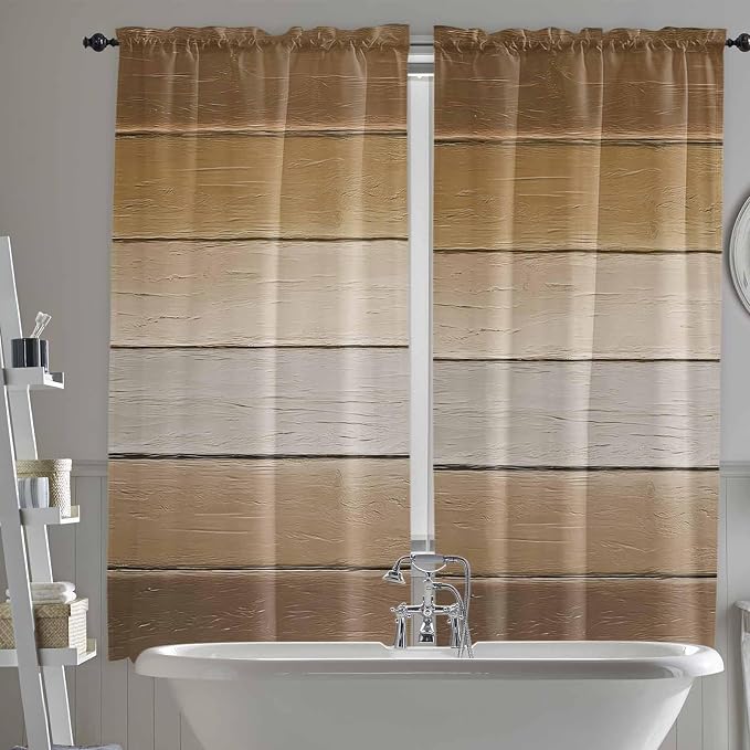 Vintage Brown Gradient Wood Grain Window Valance Curtains, Farmhouse Wood Barn