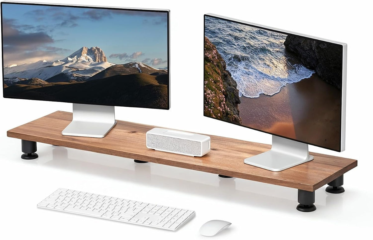Nordik Dual Monitor Stand Riser -Hardwood Acacia Monitor Shelf 42x10.5 in
