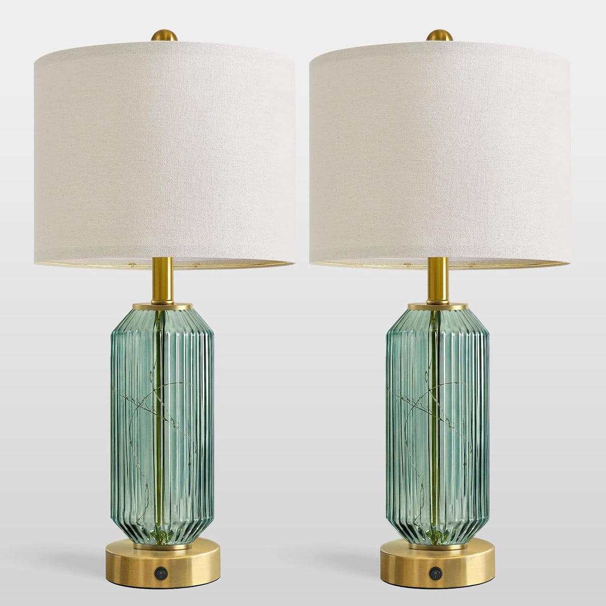 Oneach 24.5" Bedside Table Lamps Set of 2, Green Glass Nightstand Lamps with USB A+C Charging Ports and Night Light, Gold Modern Lamps for Bedroom, Living Room, End Table (2 Bulbs Included)