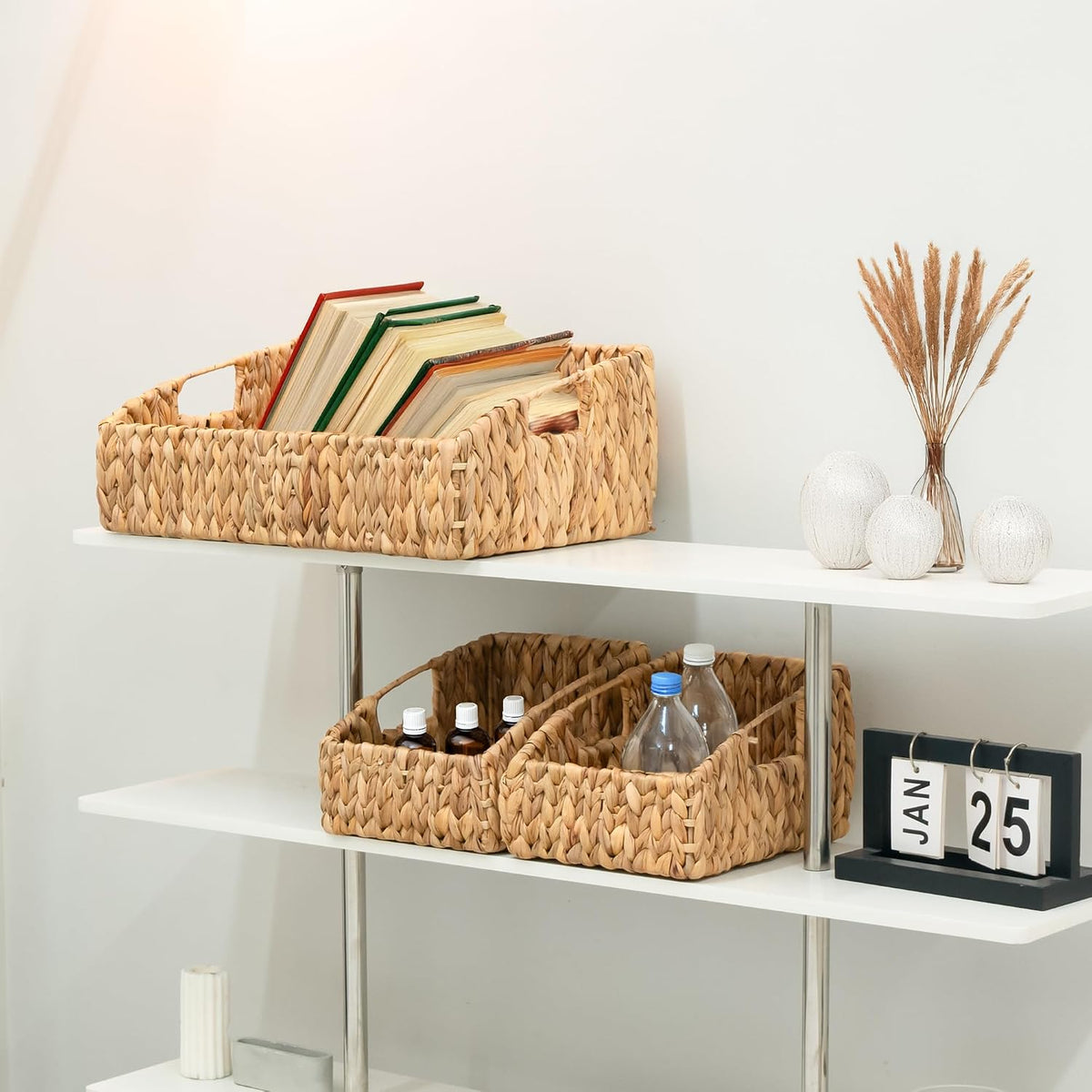 KOKODO Rectangular Wicker Storage Baskets for Shelves, Set of 3 Water Hyacinth Woven Bins with Handles, Open Front Pantry Shelf Organizer for Closet, Bedroom, Boho Decorative, Natural