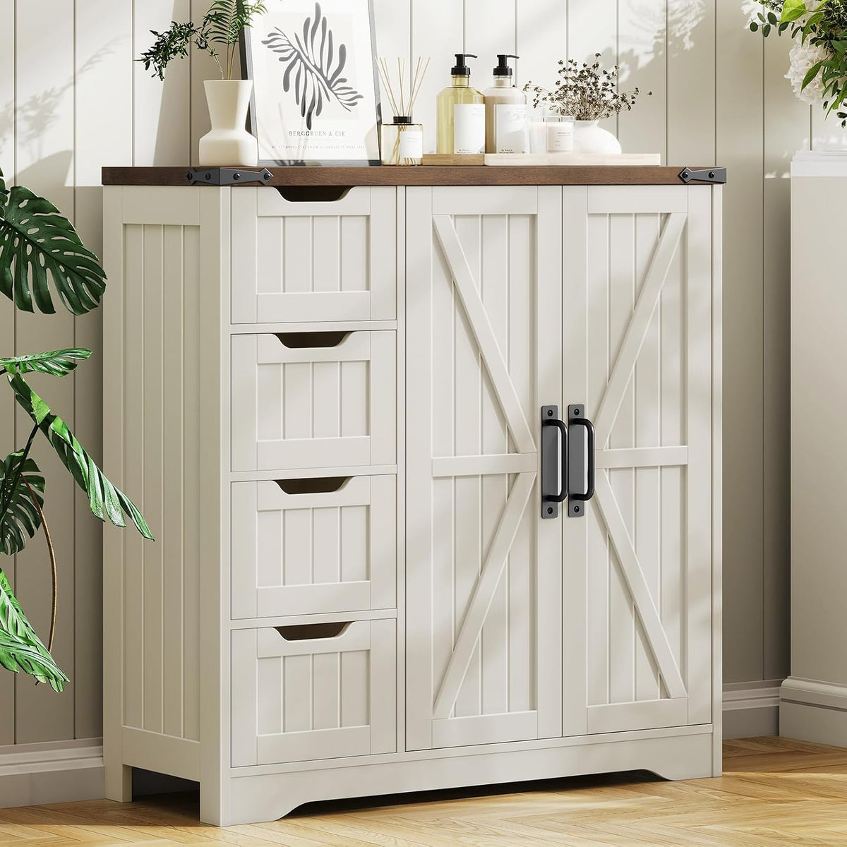 Vabches Farmhouse Bathroom Cabinet, Freestanding Storage Cabinet with 4 Drawers and 2 Doors, Rustic Storage Organizer with Adjustable Shelf for Bathroom, Living Room, Entryway, White