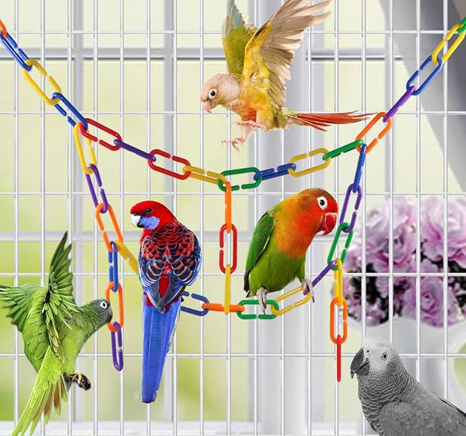 200-Piece Rainbow Plastic Chain Links & Toys - Interlocking C-Clip Bird Cage Accessories for Parakeets, Sugar Gliders, Small Pets (Climbing/Swinging Toys)