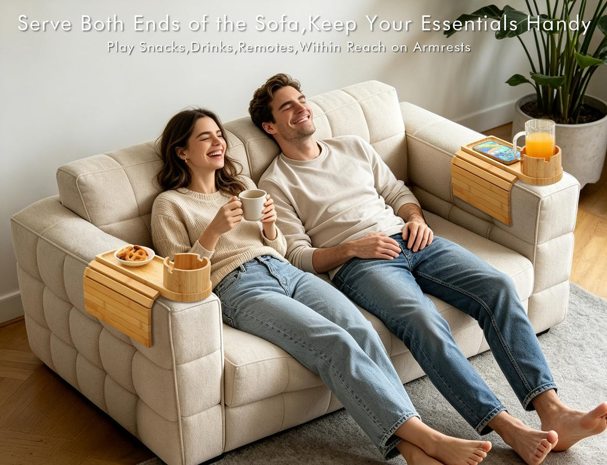 2 Packs Couch Armrest Table,Bamboo Folding Anti Slip Sofa Storage