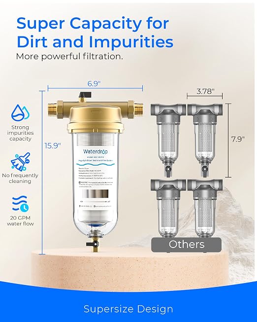 Waterdrop Mega Spin Down Sediment Filter, Reusable Whole House Water Filter