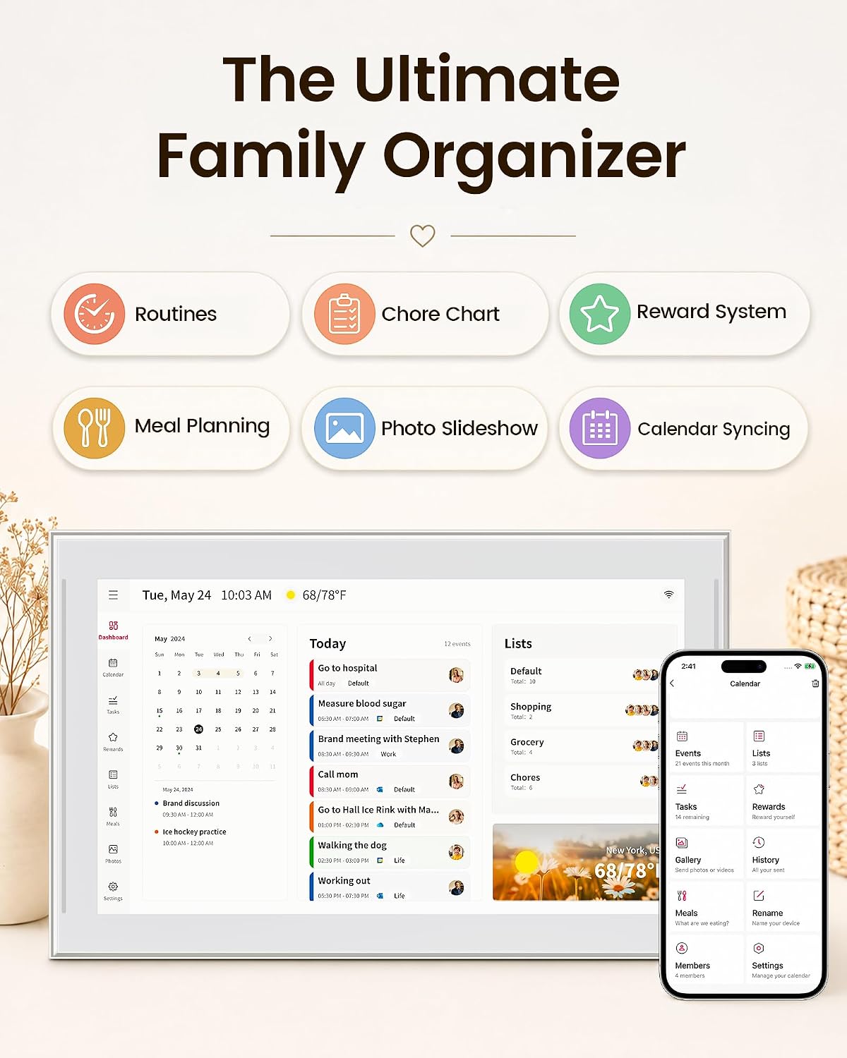 NGTeco 15.6" Digital Calendar, No-Subscription, Smart Family Wall Planner with Calendar Sync, for Schedules, Meal Planning, Photo Display, Desk & Wall Mount | Gift for Women, Men & Families