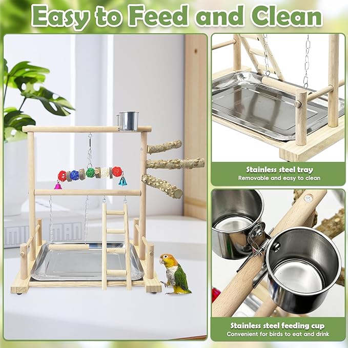 kathson Bird Playground Natural Wood Parrot Play Gym Playstand Wooden Parakeet Playpen with Feeder Cups Perches Removable Tray Bird Cage Accessories for Lovebirds Conure Cockatiel Budgie