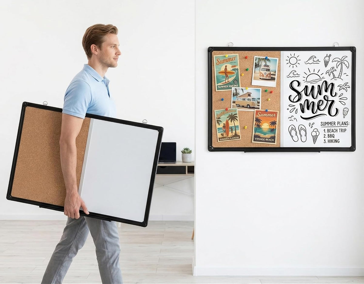Magnetic White Board & Cork Board Combo, 24" x 18", Black