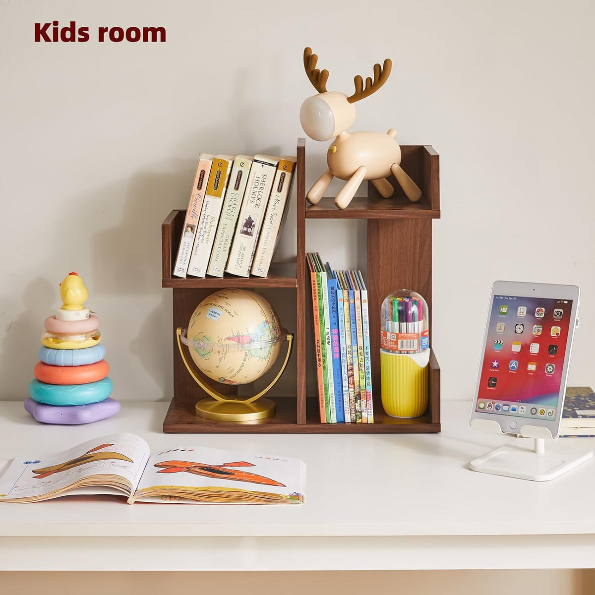 Aibiju Small Bookshelf for Small Space, Unique Cactus Bookcase, Kitchen Counter Shelf Desktop Organization, Light Walnut YD-DSR002LW