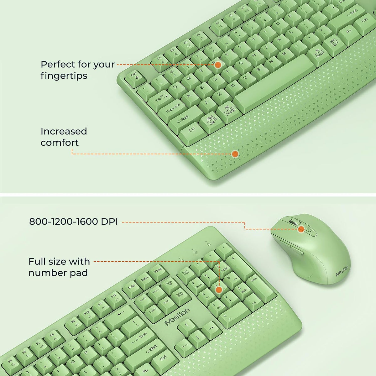 MEETION Wireless Keyboard and Mouse Combo, Full-Size with Wrist Rest, Green